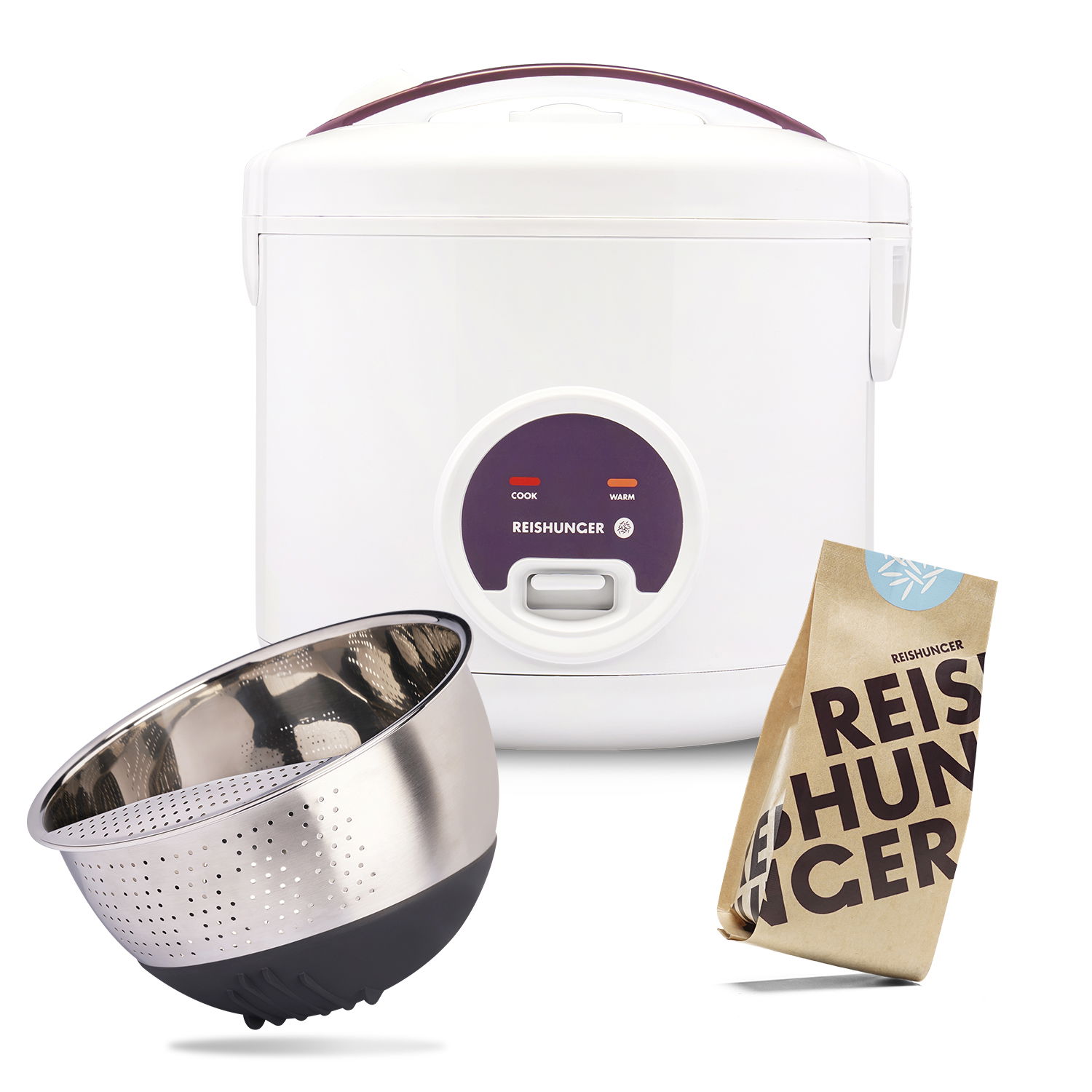 Reishunger Basis Reiskocher Set (1,8 l) | Weiß | Elektrischer Reiskocher mit Dampfgarfunktion| Innentopf mit Keramikbeschichtung