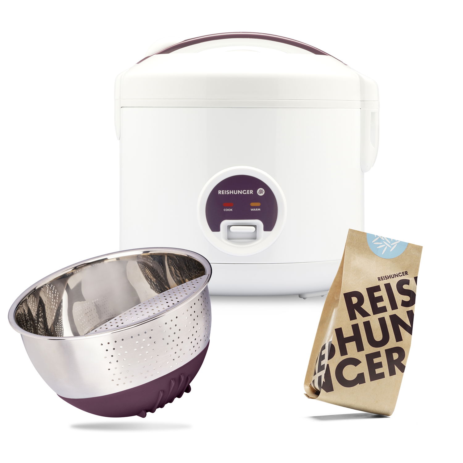 Reishunger Basis Reiskocher Set (1,2l) | Weiß | Elektrischer Reiskocher mit Dampfgarfunktion| Innentopf mit Keramikbeschichtung