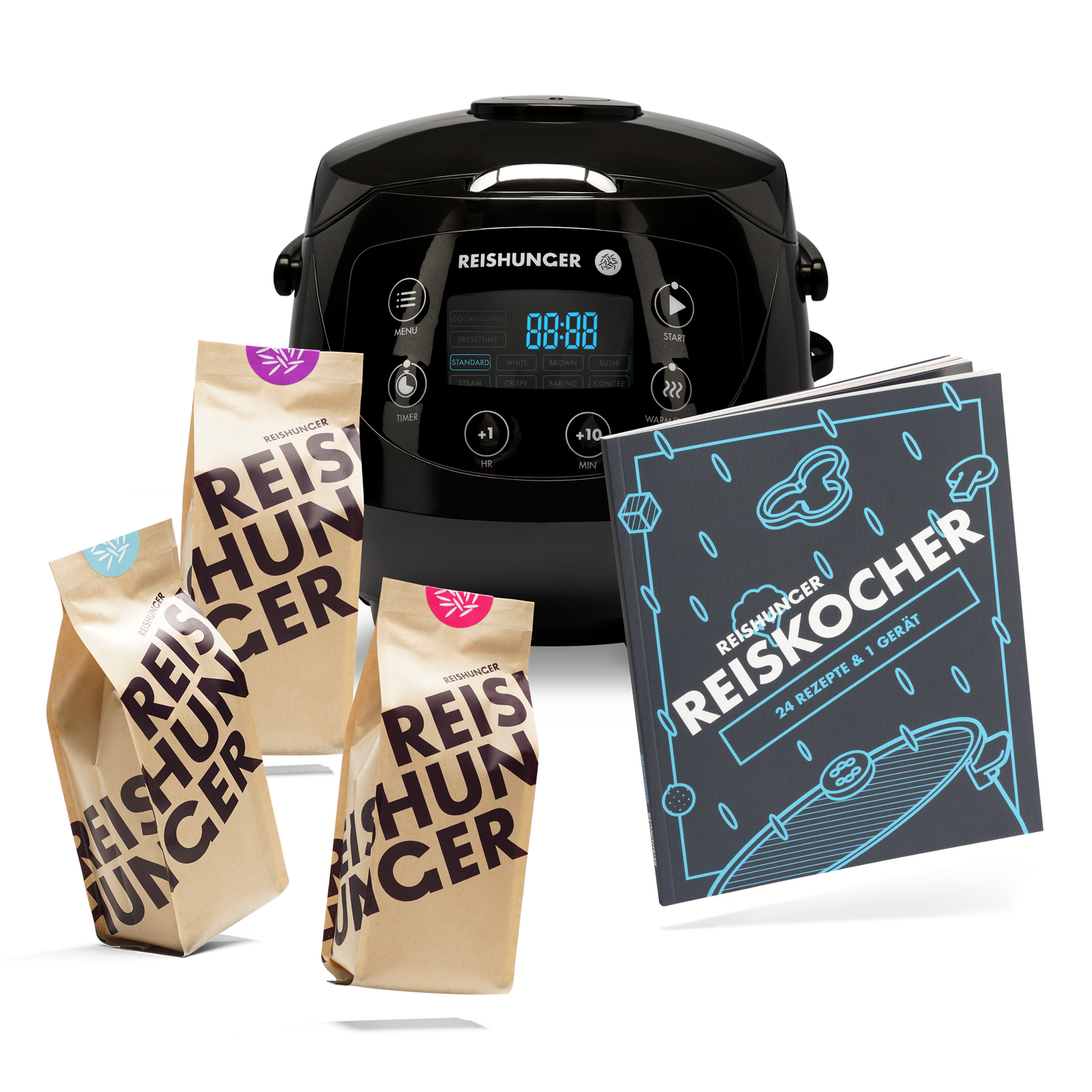 Reishunger Digitaler Mini Reiskocher Kennenlern Set (0,6 l) | Schwarz | 8 Programme | Reis kochen für 6 Personen