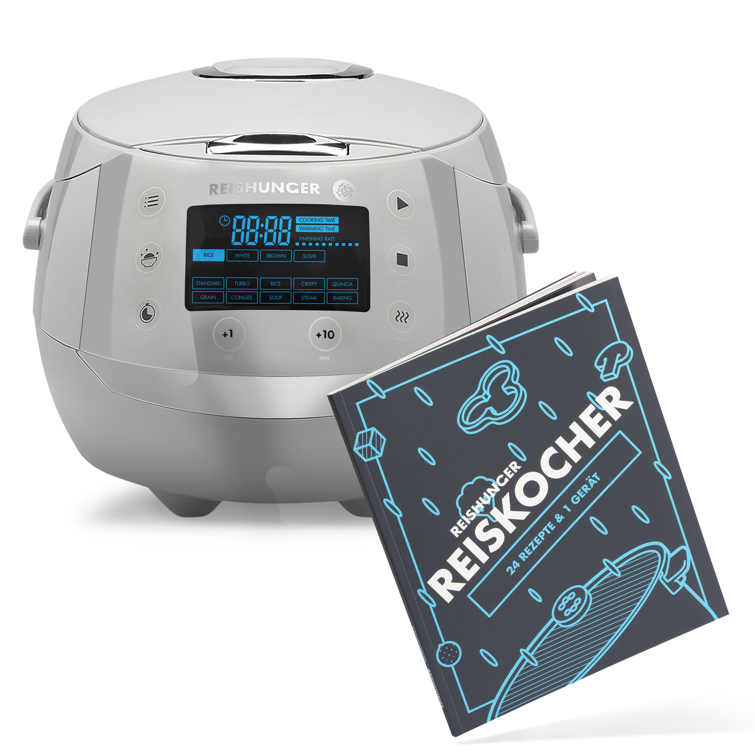 Reishunger Digitaler Reiskocher (1,5l) + Reiskocher Kochbuch | Grau