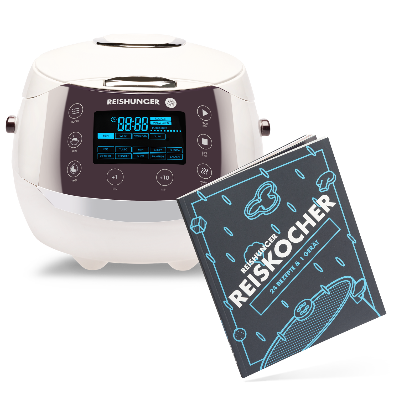 Reishunger Digitaler Reiskocher (1,5l) + Reiskocher Kochbuch | Weiß
