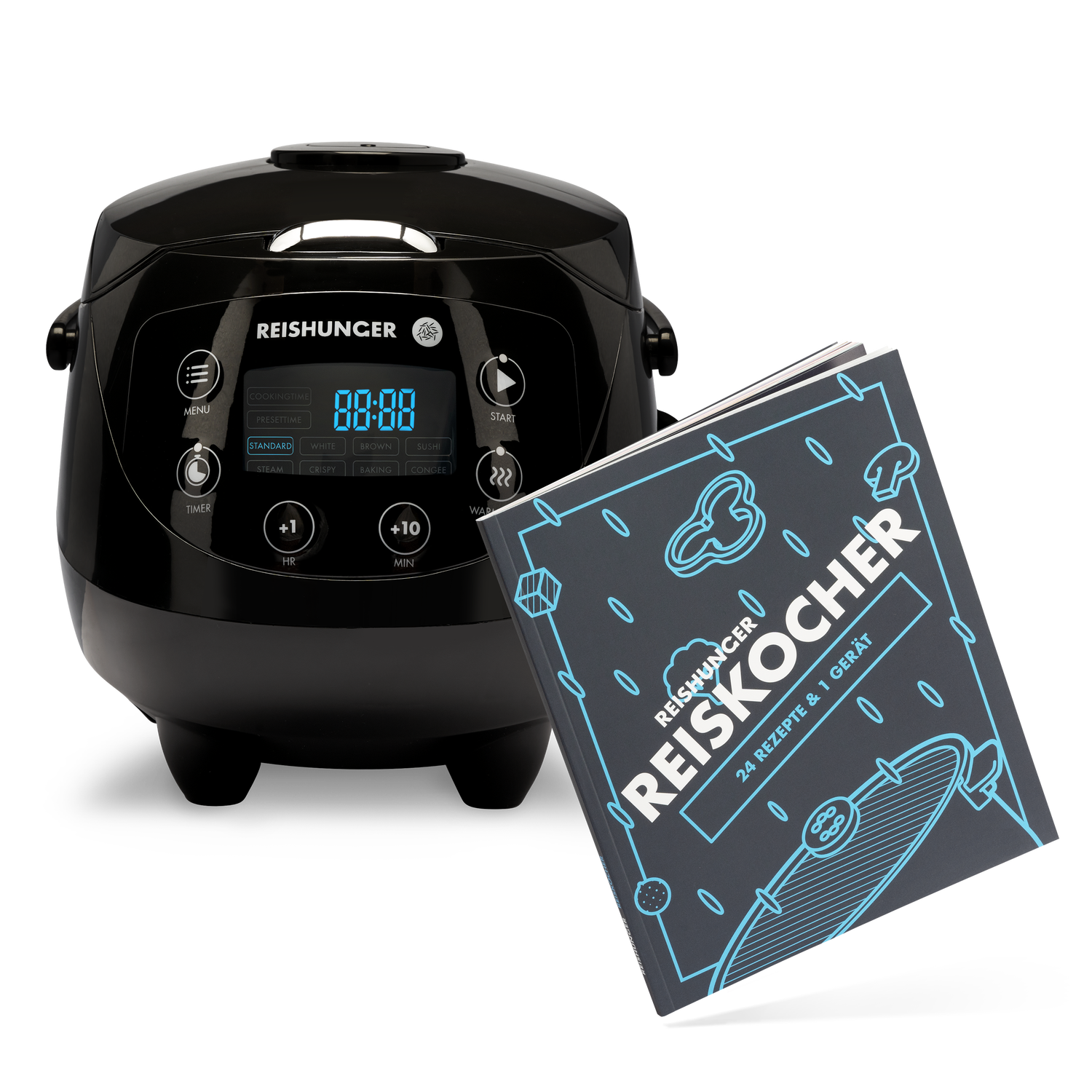 Reishunger Digitaler Mini Reiskocher (0,6l) + Reiskocher Kochbuch | Schwarz