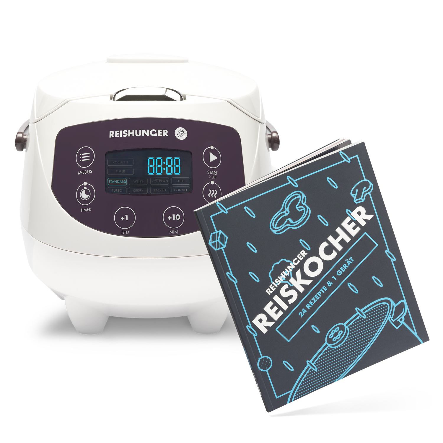 Reishunger Digitaler Mini Reiskocher (0,6l) + Reiskocher Kochbuch | Weiß