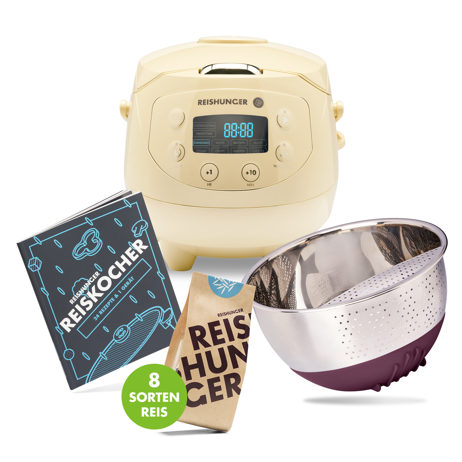 Reishunger Digitaler Mini Reiskocher Set (0,6 l) | Hellgelb | 8 Programme | Reis kochen für 6 Personen