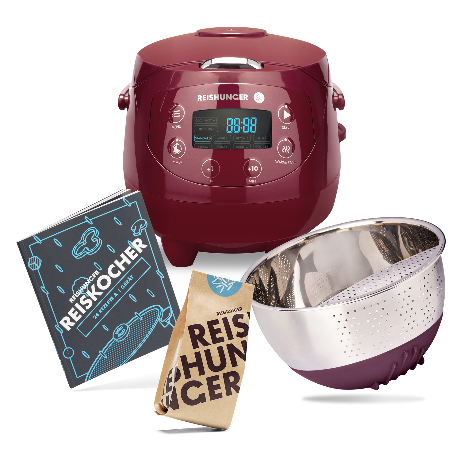 Reishunger Digitaler Mini Reiskocher Set (0,6 l) | Bordeaux | 8 Programme | Reis kochen für 6 Personen