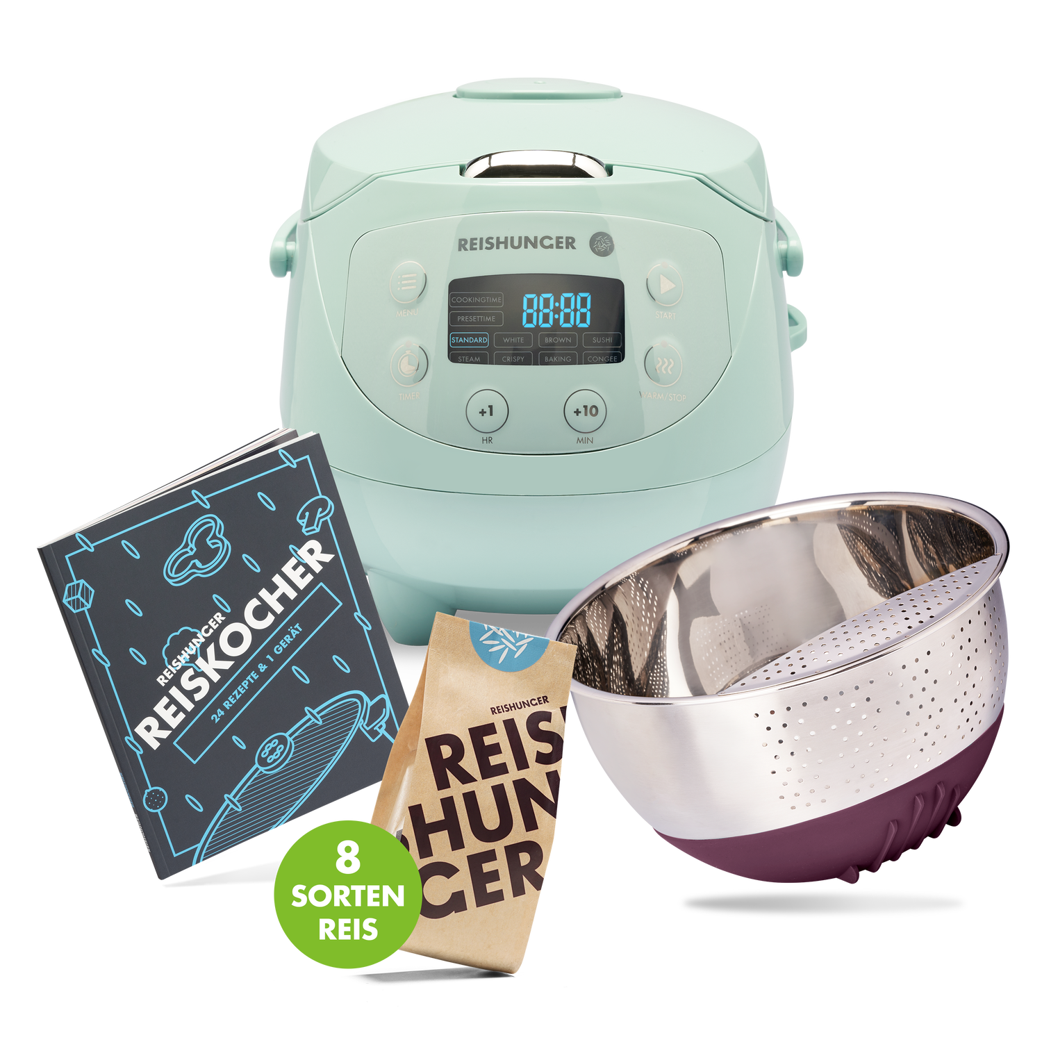 Reishunger Digitaler Mini Reiskocher Set (0,6 l) | Mint | 8 Programme | Reis kochen für 6 Personen