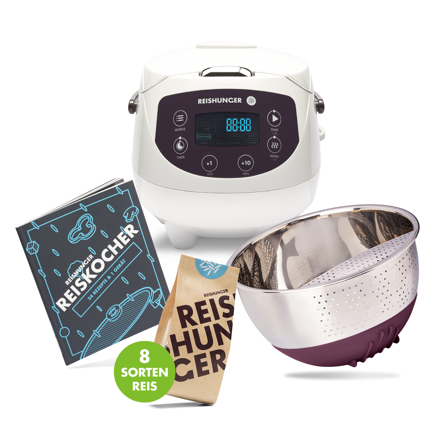 Reishunger Digitaler Mini Reiskocher Set (0,6 l) | Weiß | 8 Programme | Reis kochen für 6 Personen