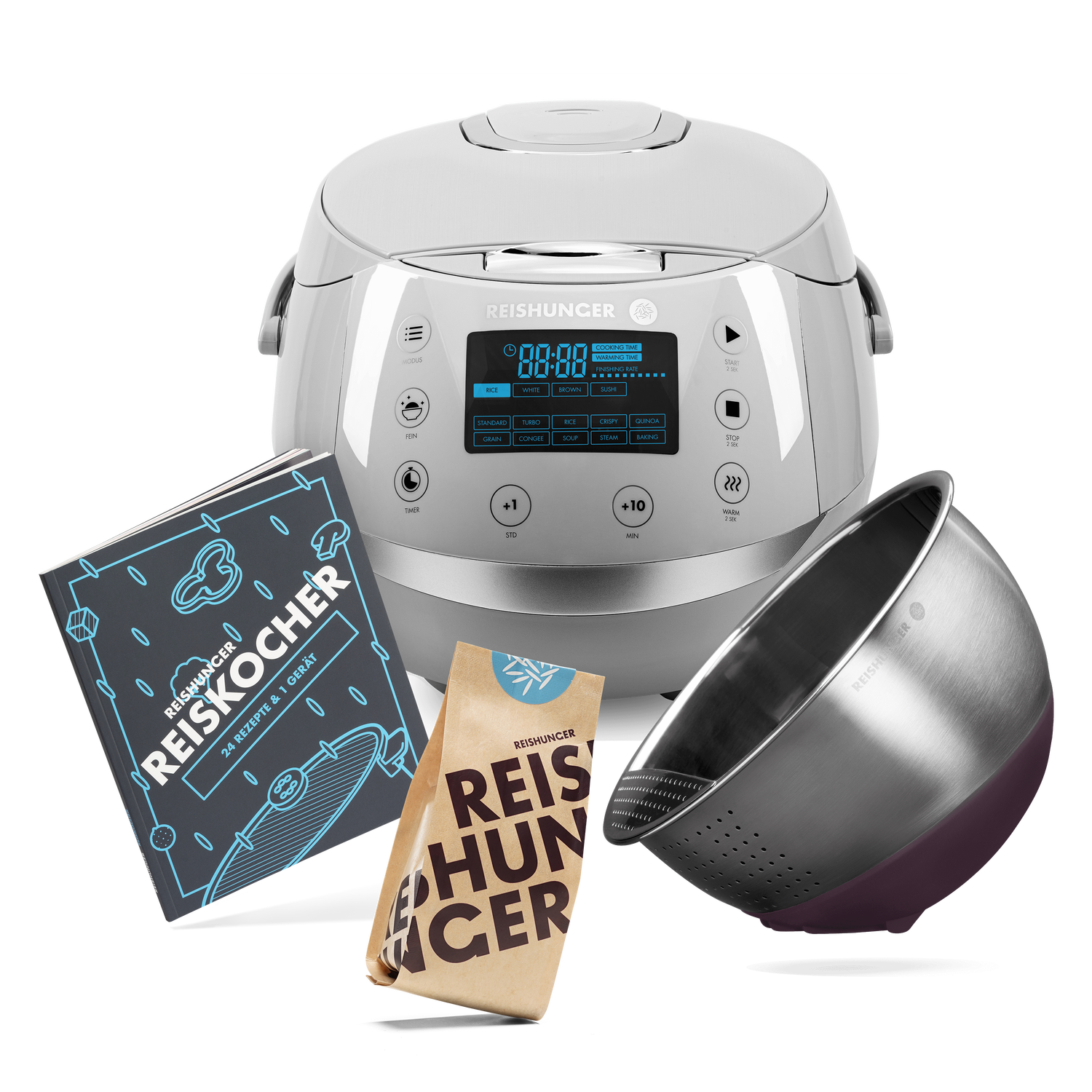 Reishunger Digitaler Reiskocher Set (1,5 l) | Grau | 12 Programme | Reis kochen für 8 Personen