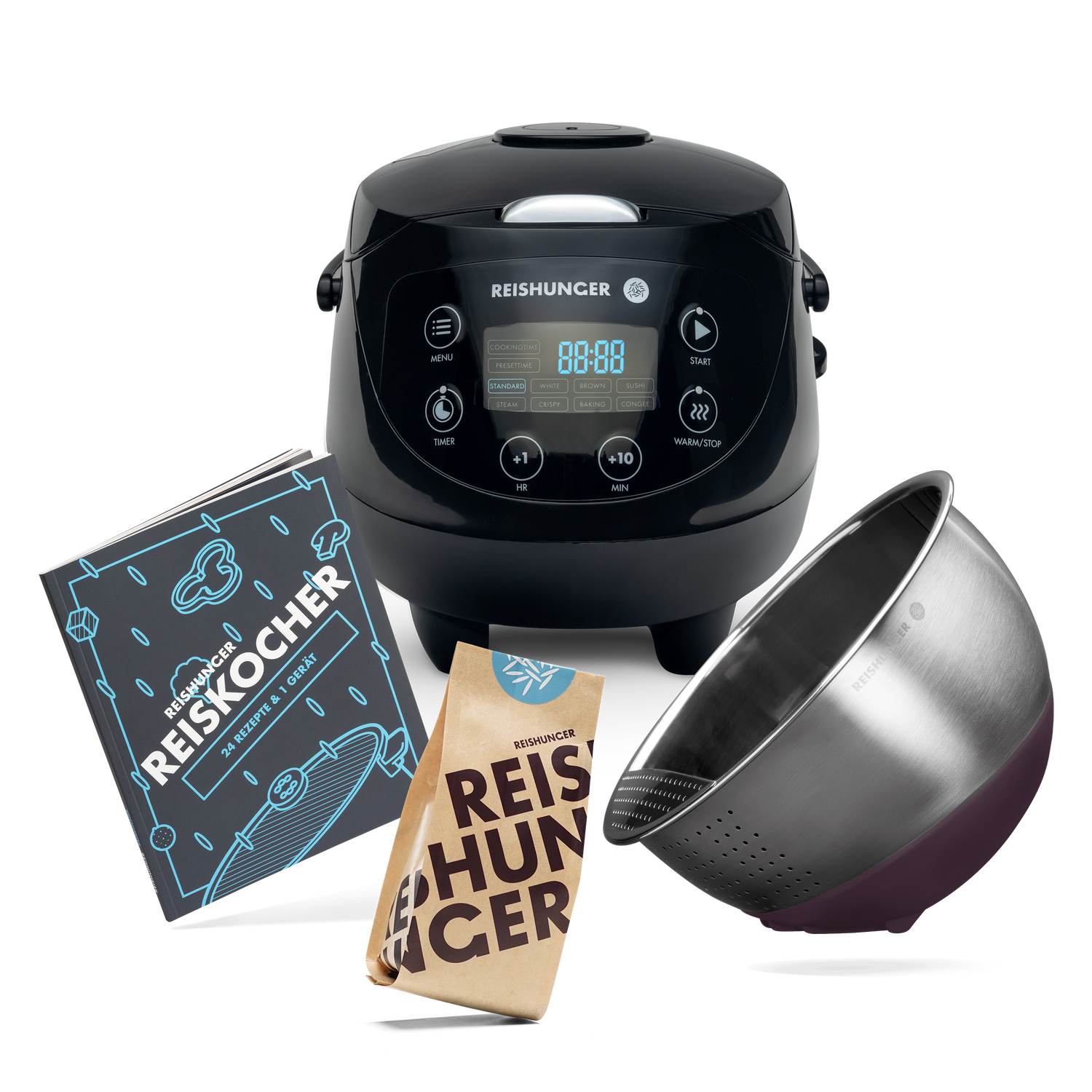 Reishunger Digitaler Mini Reiskocher Set (0,6 l) | Schwarz | 8 Programme | Reis kochen für 6 Personen