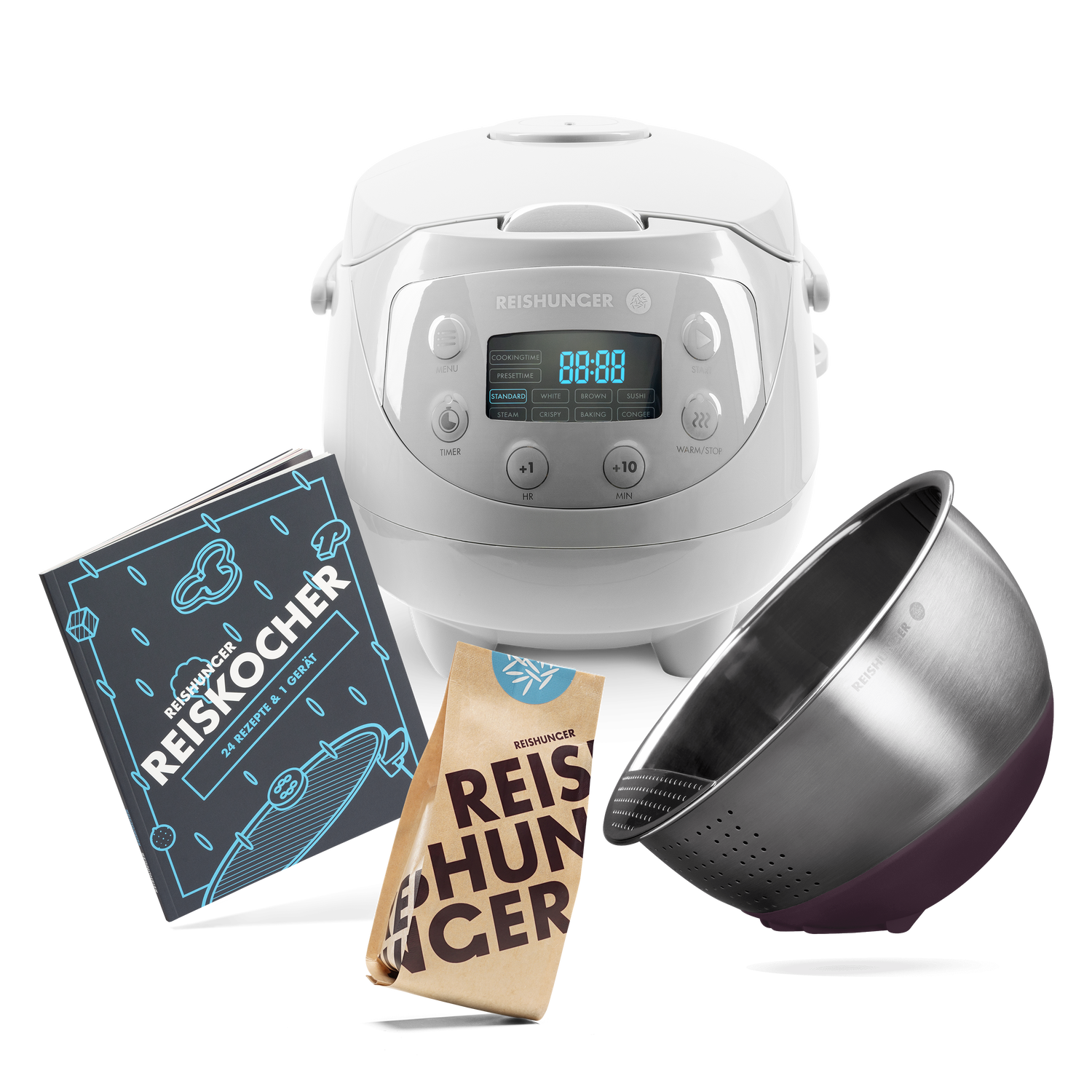 Reishunger Digitaler Mini Reiskocher Set (0,6 l) | Grau | 8 Programme | Reis kochen für 6 Personen