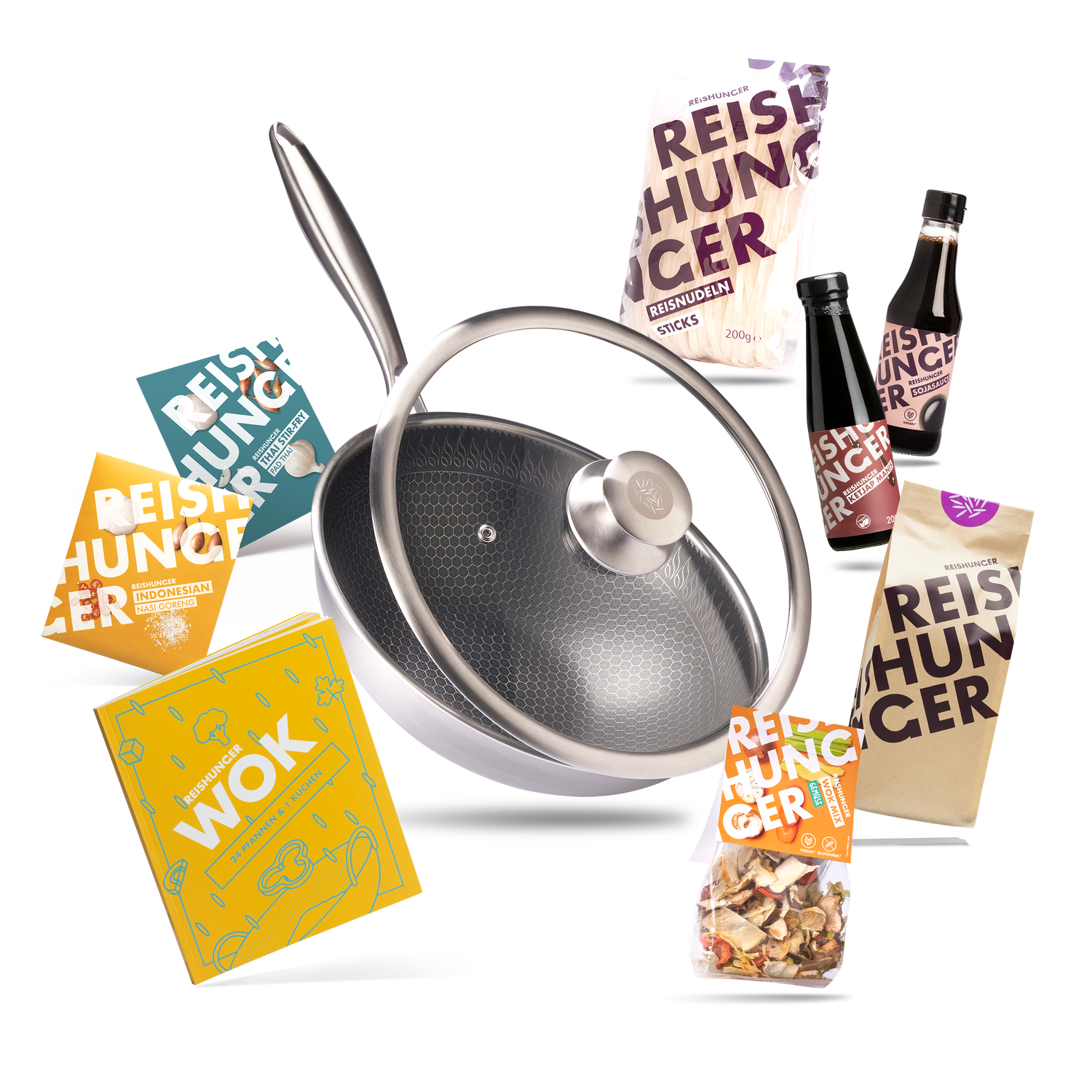 Wok Starter Set (9-teilig) | Premium Edelstahl Wok | Wok Zutaten