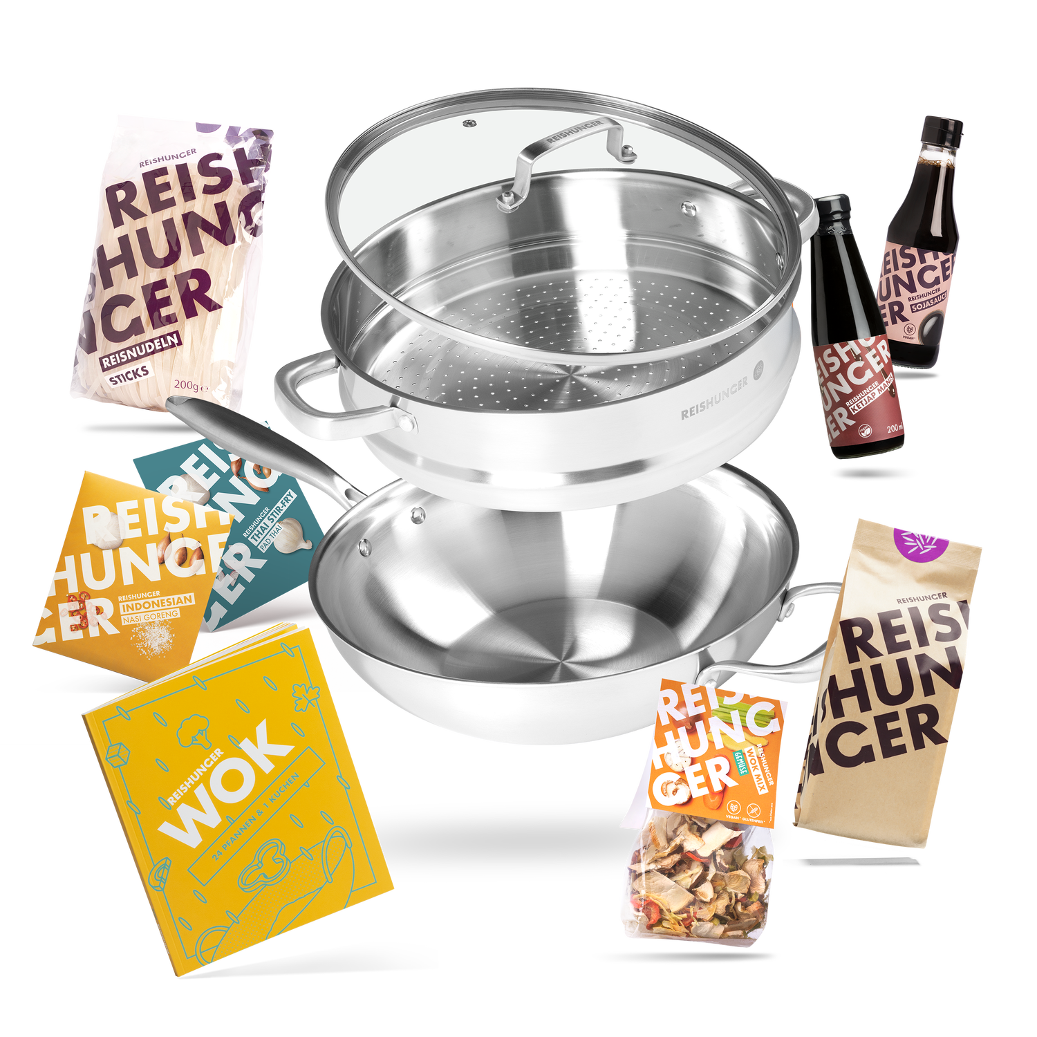 Wok Starter Set (10-teilig) | Premium Edelstahl Wok | Wok Zutaten